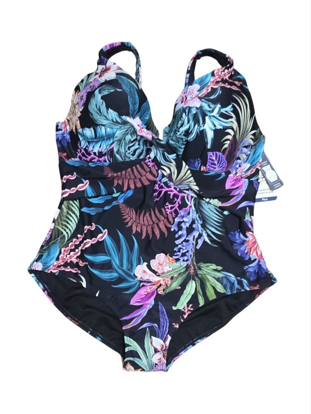 Terra & Sky Black Swim Floral One-Piece Swimsuit Underwire Tummy Control Beach - Picture 6 of 7
